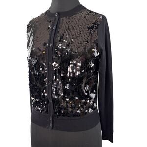 Ann Taylor Black Cardigan Sweater Sequin Crew Neck Button Petite XS X-Small NEW